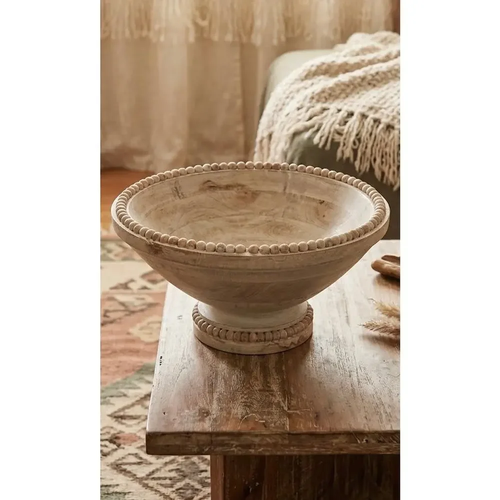 Boho Meets Coastal  White-Washed Beaded Mango Wood Pedestal Centerpiece Bowl